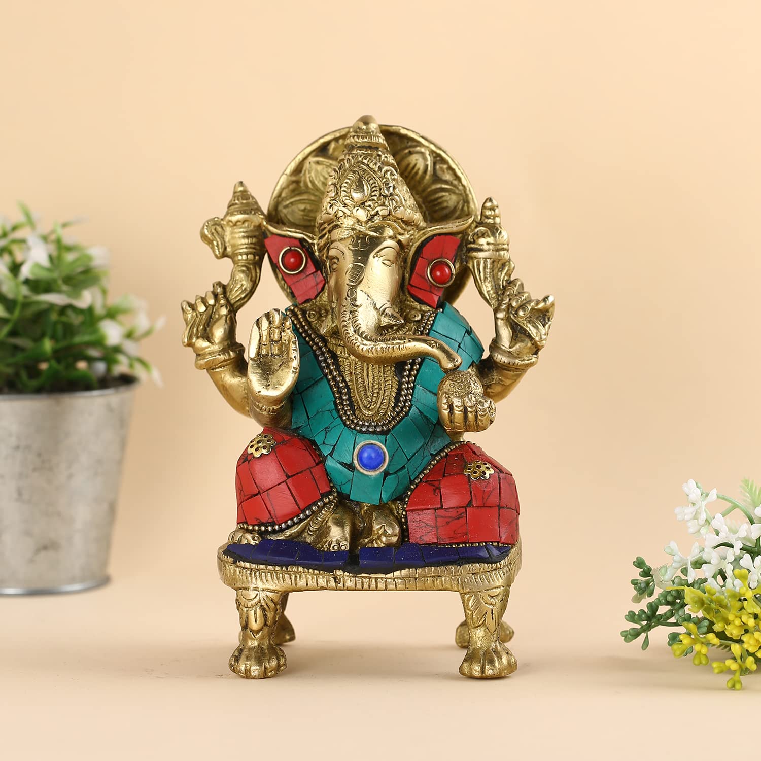 Collectible India Brass Ganesha Idol Ganesh Ganpati Blessing Statue Puja Murti