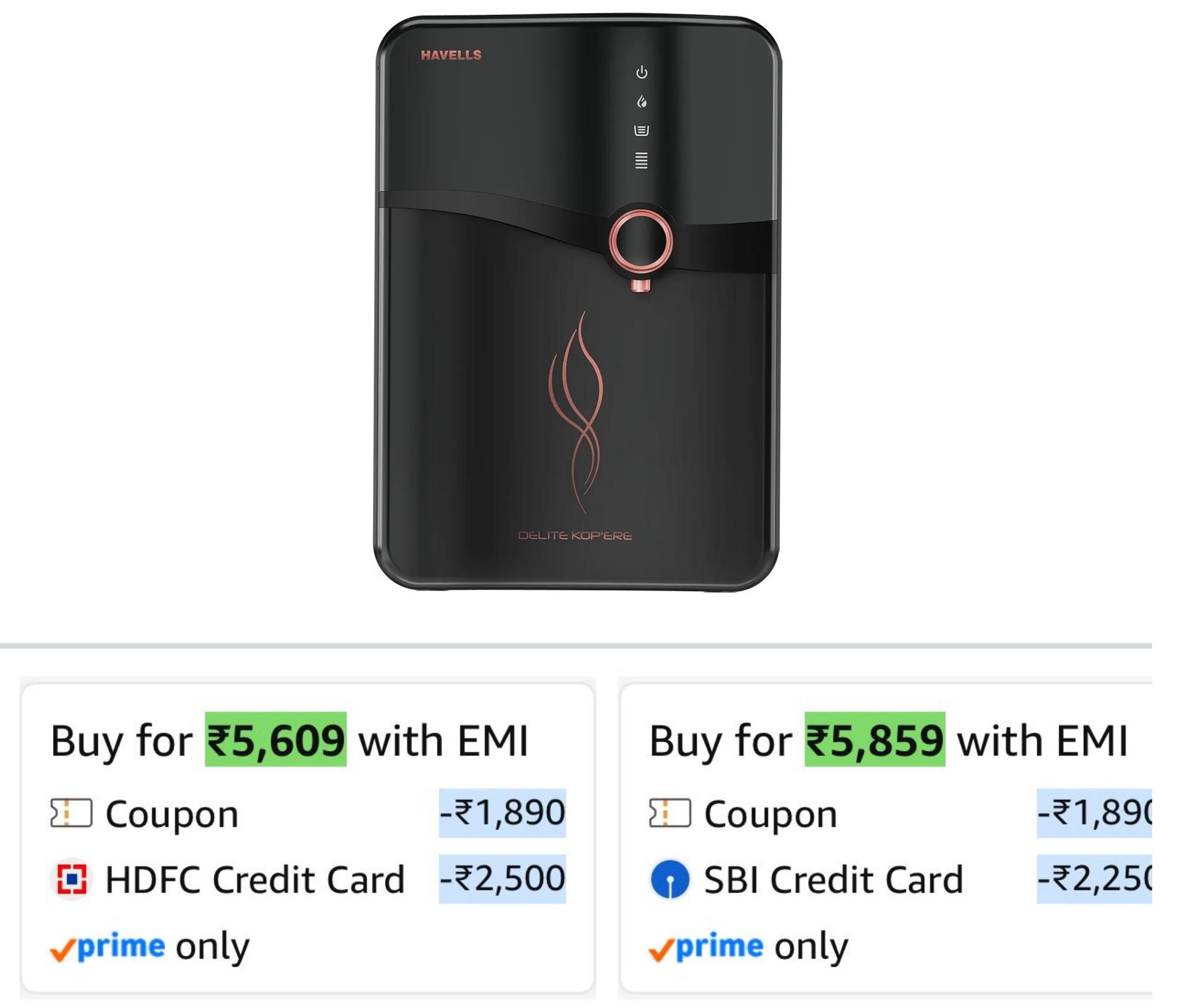 [PRIME USER ] Havells Delite Kop'ere Water Purifier Black, RO+UV+pH Balance, 7 Stages