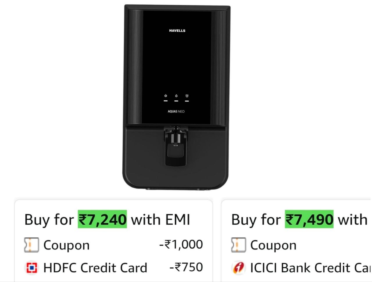 Havells Aquas Neo Water Purifier, RO + UF Purification