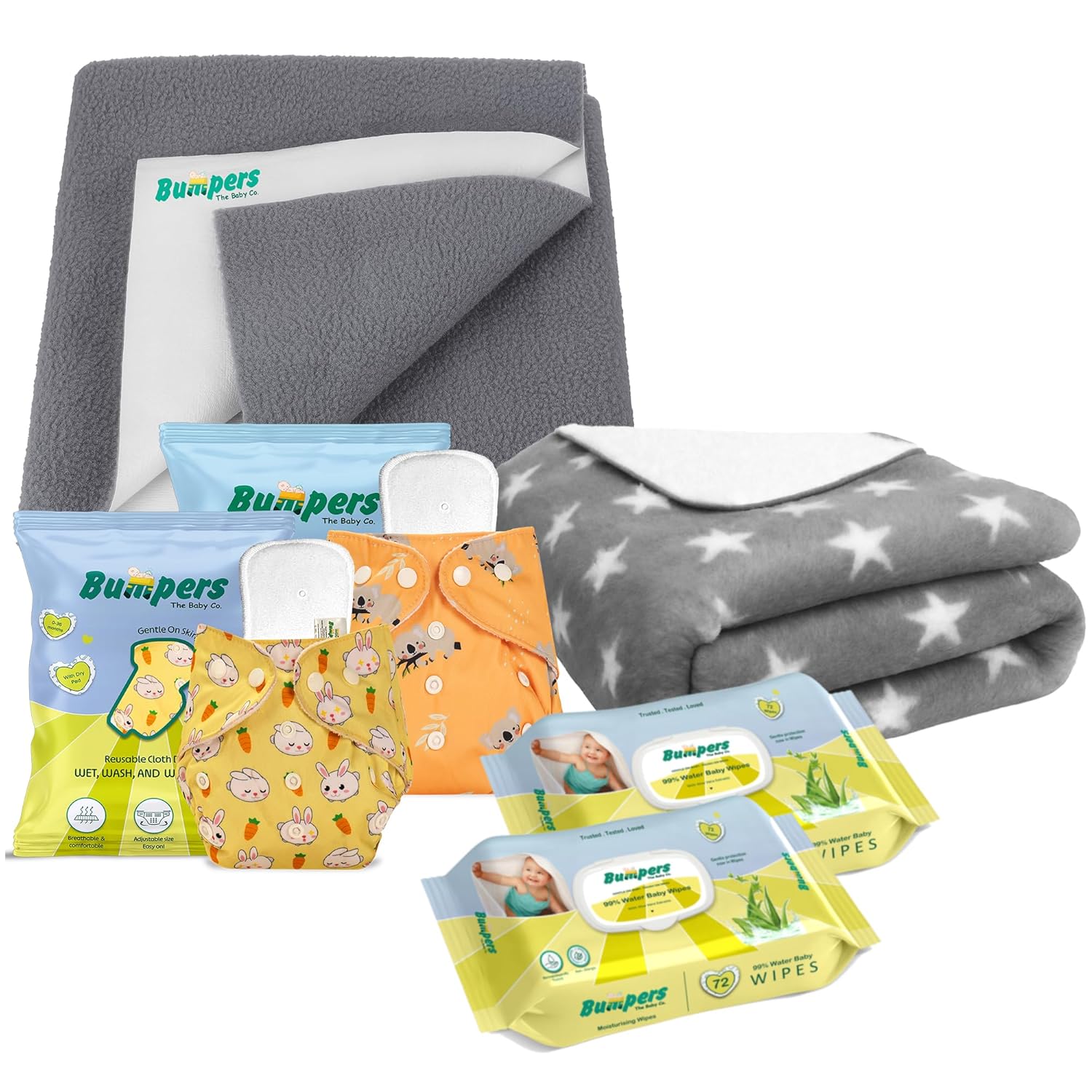 Bumpers Baby Waterproof Quick Dry Sheet+ Fleece Blanket+ Reusable Adjustable, Pack Of 4
