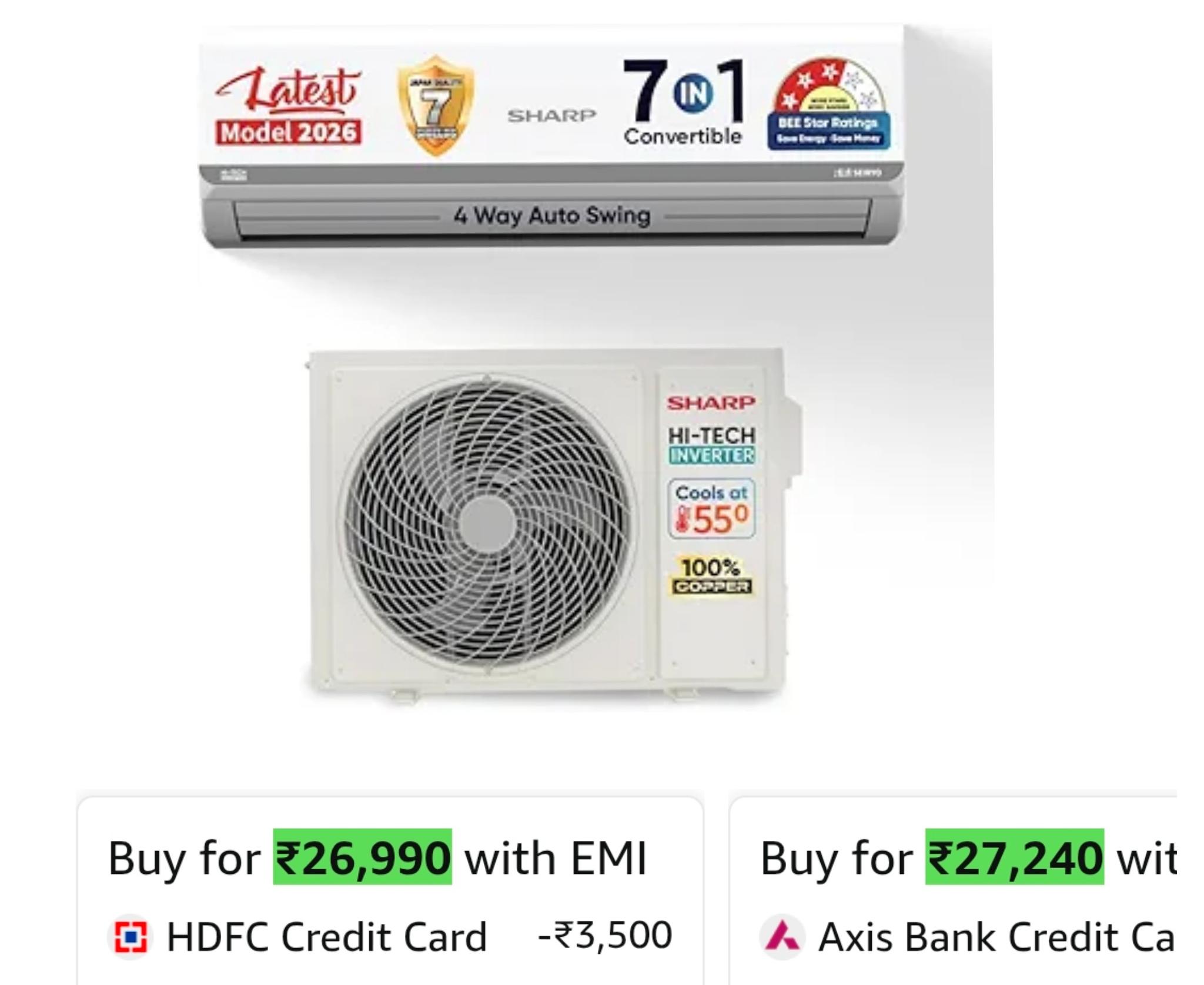 Sharp 1.5 Ton 3 star, New Star Rated, Split AC