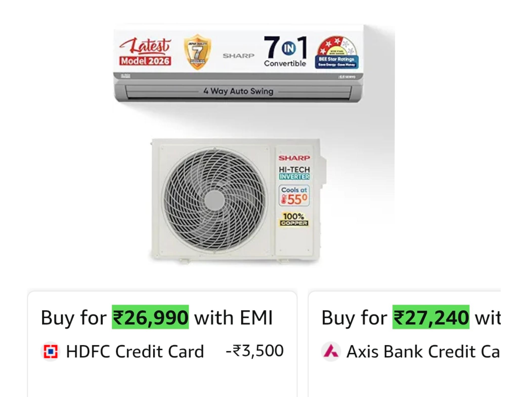 Sharp 1.5 Ton 3 star, New Star Rated, Split AC