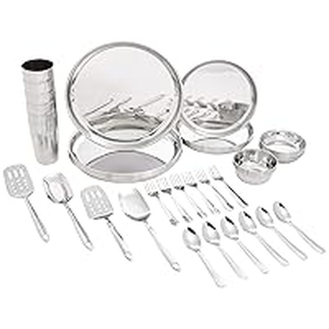 [63% Off] Amazon Brand - Solimo Stainless Steel Dinner Set, Solid, 30 Pieces, Silver