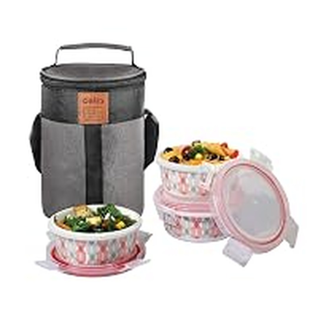 [51% Off] CELLO Red Trellis Opalware Lunch Box with Jacket, 3 Containers Lunch Box, 300ml