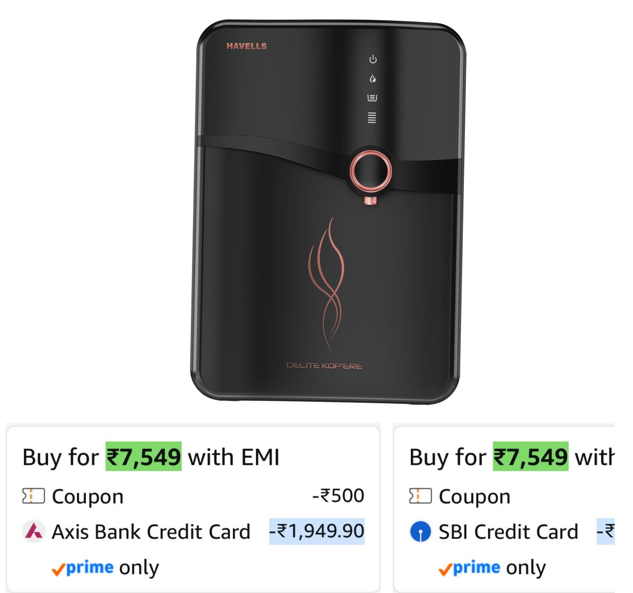 Havells Delite Kop'ere Water Purifier Black, RO+UV+pH Balance, 7 Stages