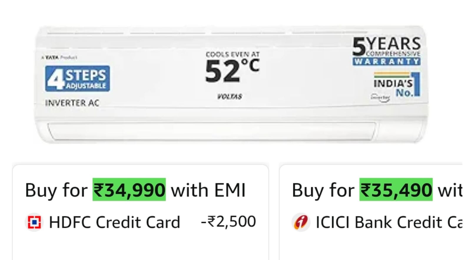 Voltas 185V Vectra CAR 1.5 ton 5 star, New star rated, inverter Split AC