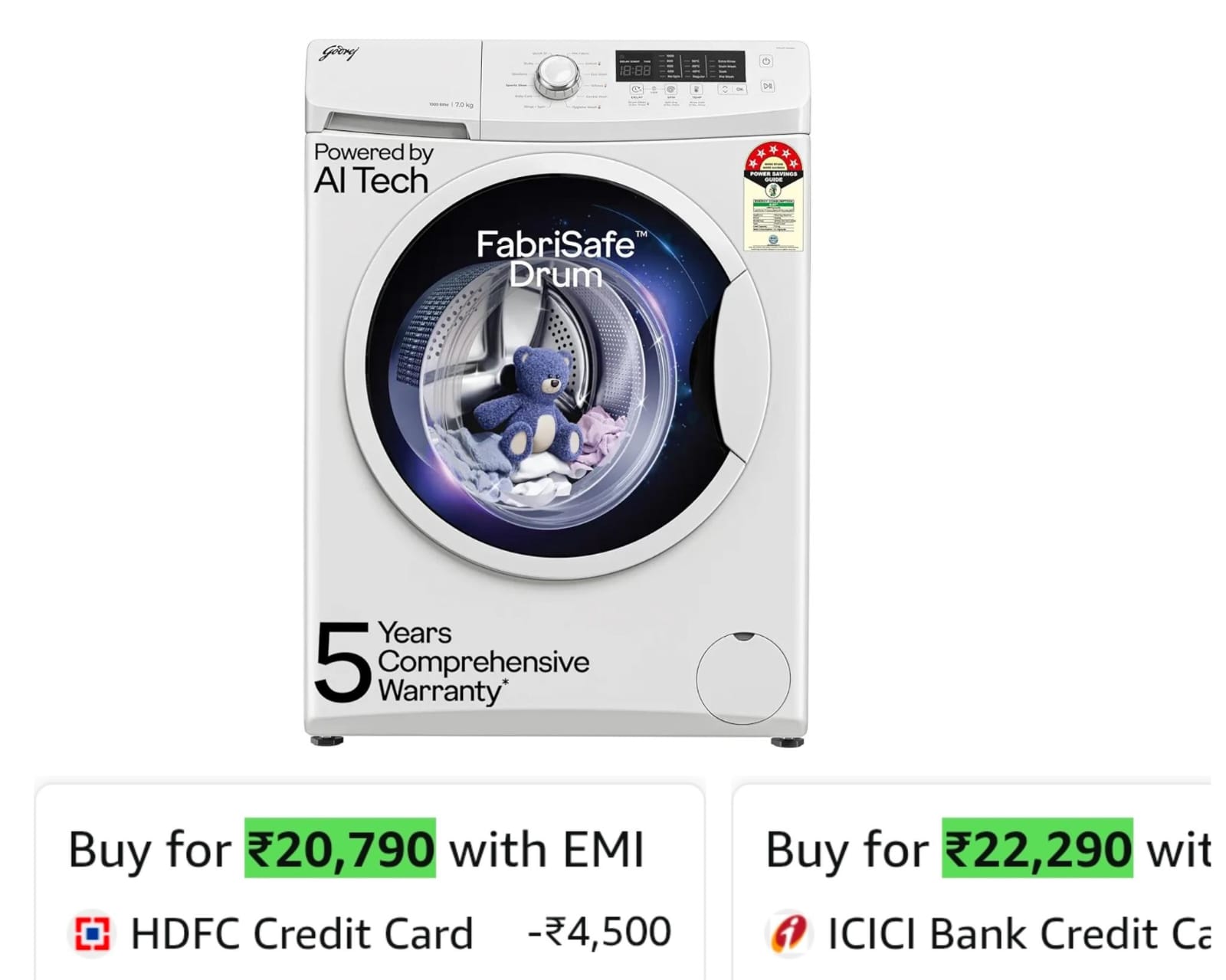 Godrej 7 Kg 5 Star, AI Powered, FabriSafe Drum, 65% Water Saving