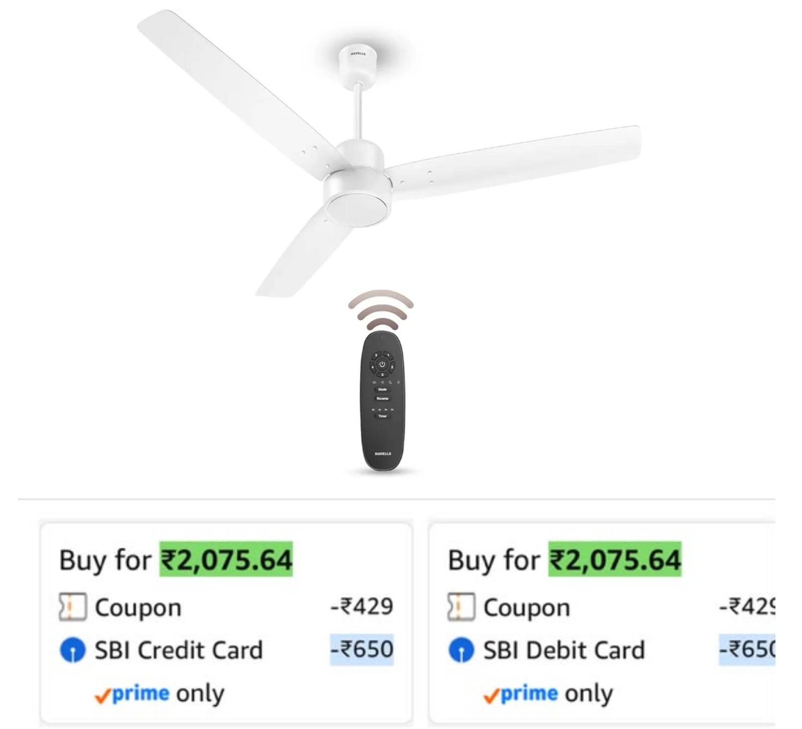 PRIME USER : Havells FAB BLDC Ceiling Fan @2104/-