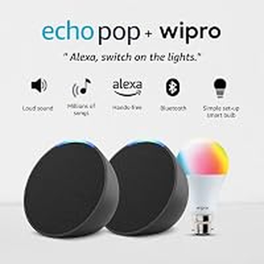 [70% Off] Amazon Echo Pop gift twin pack with Wipro 9W Simple Setup LED Smart Color Bulb