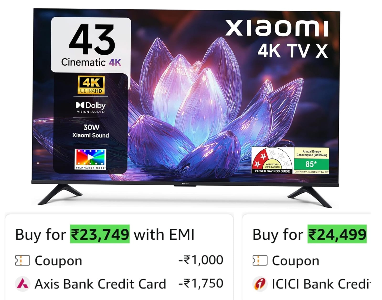 Xiaomi 108 cm X Ultra HD 4K Smart Google LED TV L43MB-AIN on Amazon