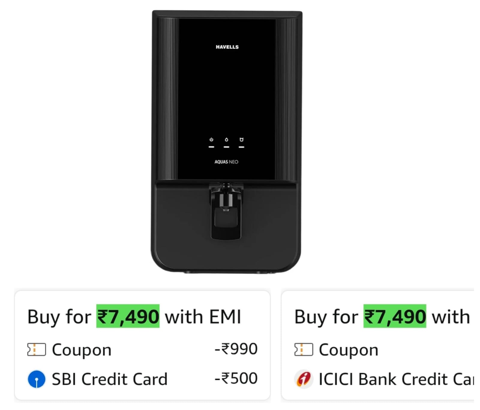 Havells Aquas Neo Water Purifier, RO + UF Purification on Amazon