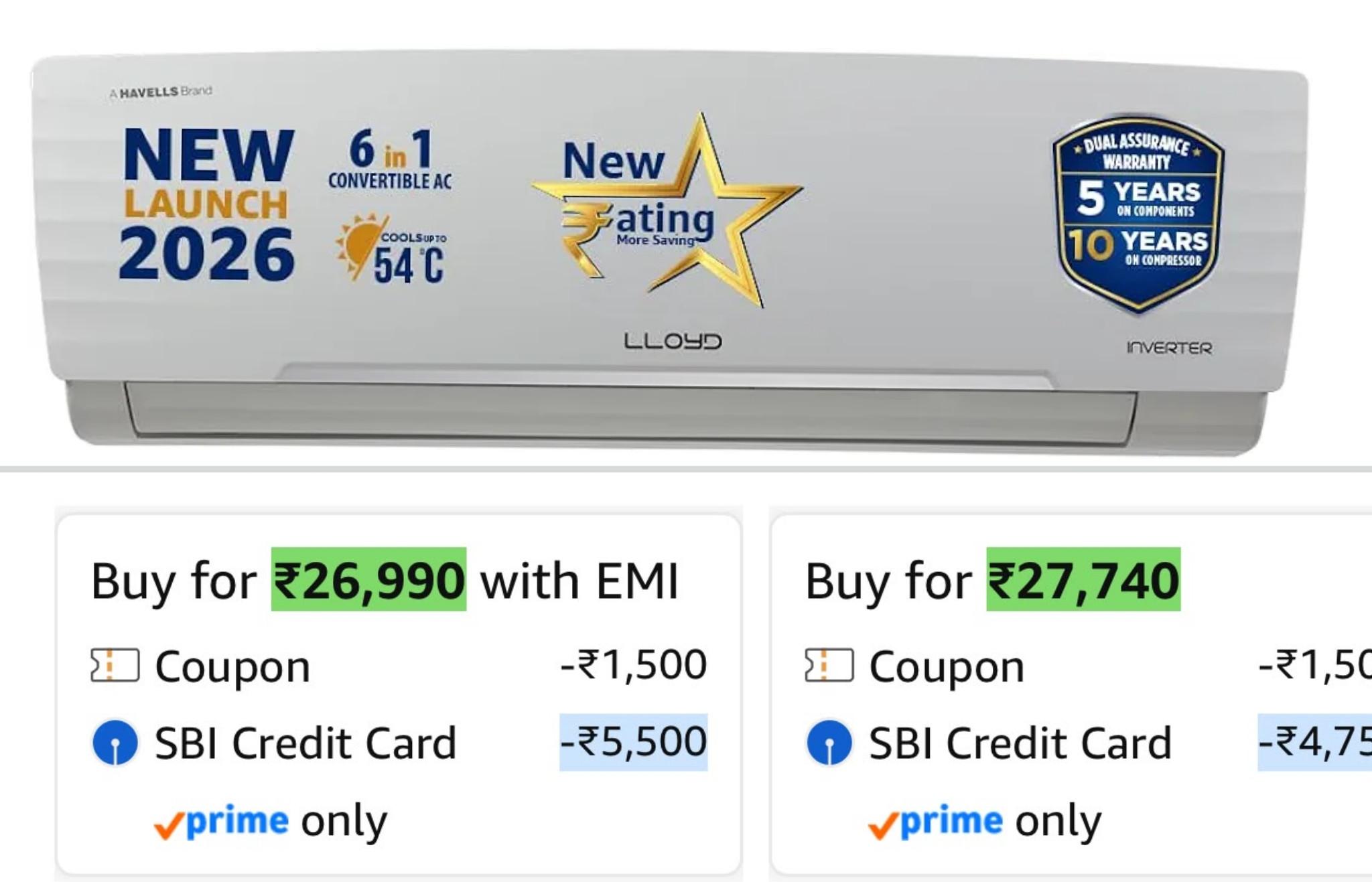 Lloyd 1.5 Ton 3 Star Inverter Split AC, 6 in 1