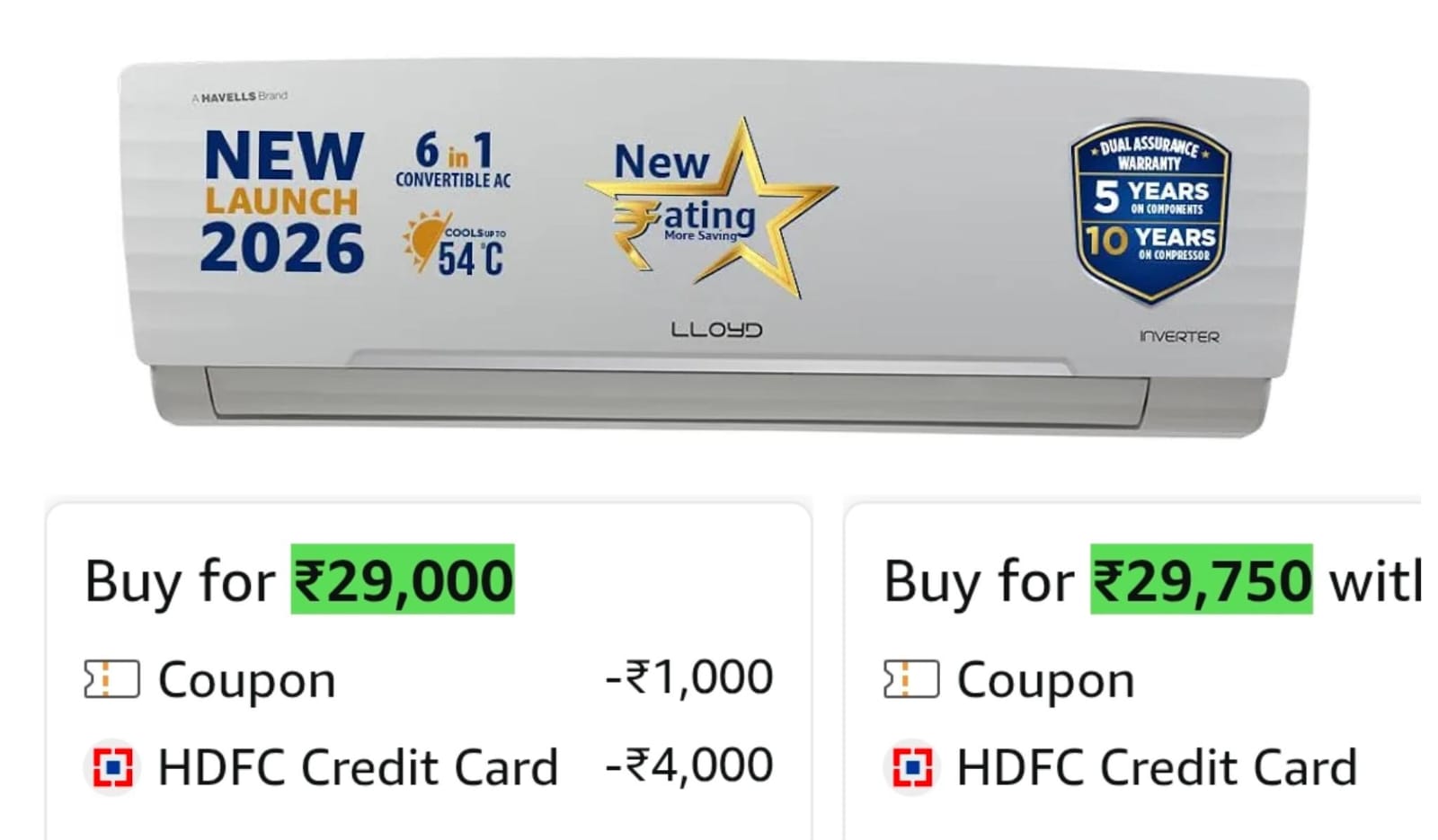 Lloyd 1.5 Ton 3 Star Inverter Split AC, 2026 New Star Rated, 6 in 1