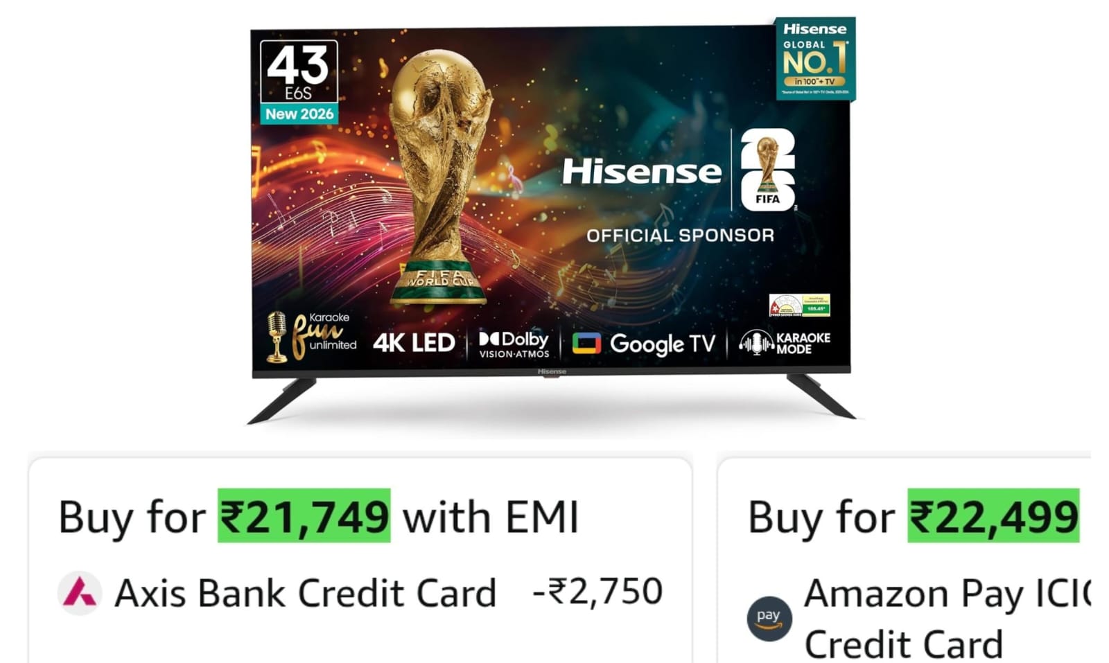 Hisense 108 cm E6S Series 4K Ultra HD Smart LED Google TV 43E6S on Amazon