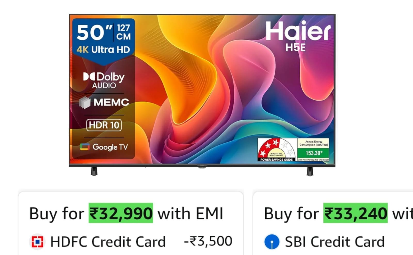 Haier H5E Series 127cm (50) 4K Ultra HD Smart LED Google TV 50H5E