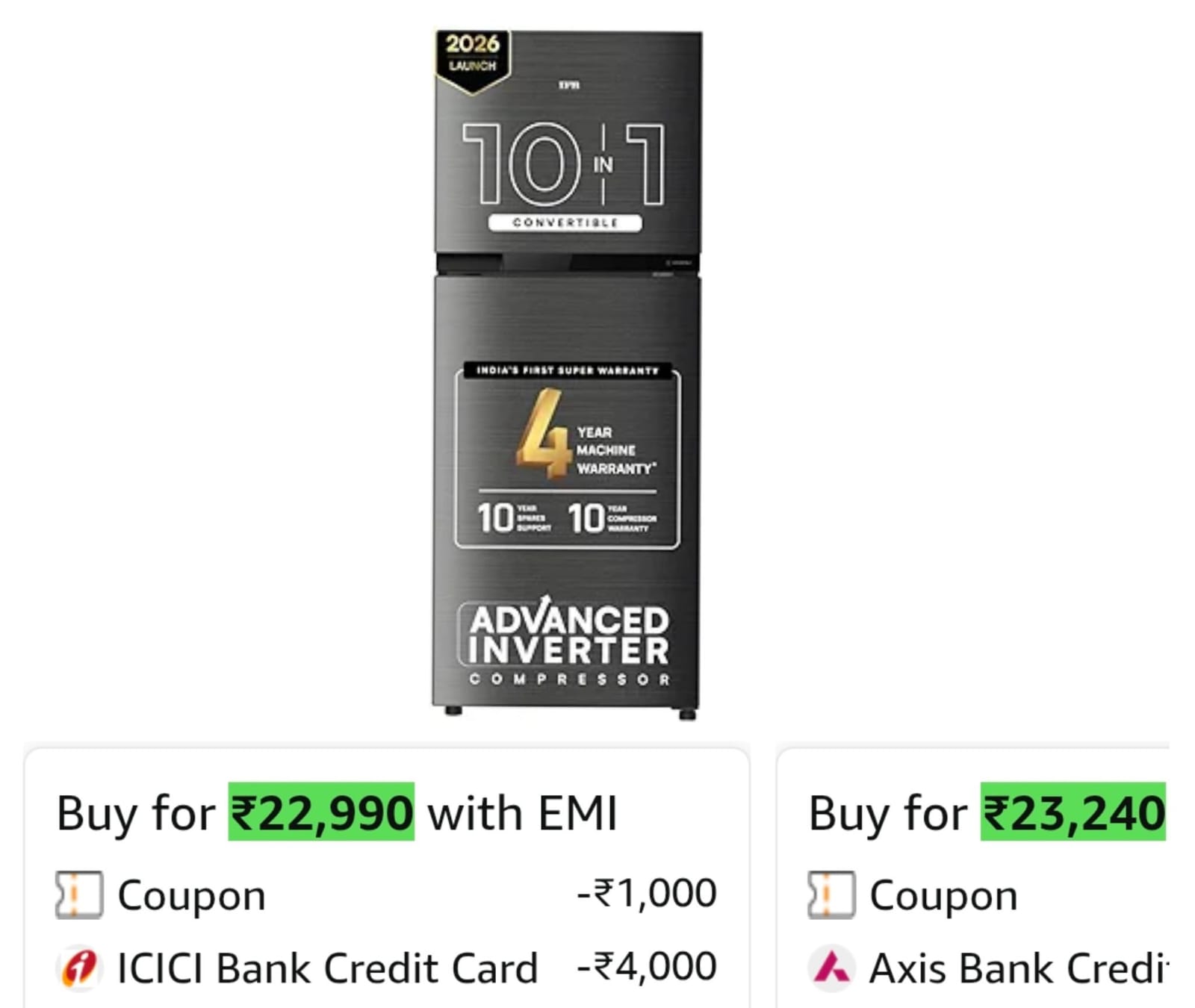 [34% Off] IFB 241L 3 Star 10 in 1 Convertible, Advanced Inverter Frost-Free Double Door on Amazon