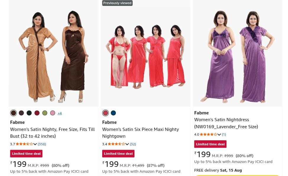 Fabme Women's Satin Nighty, Free Size Upto 80% Off