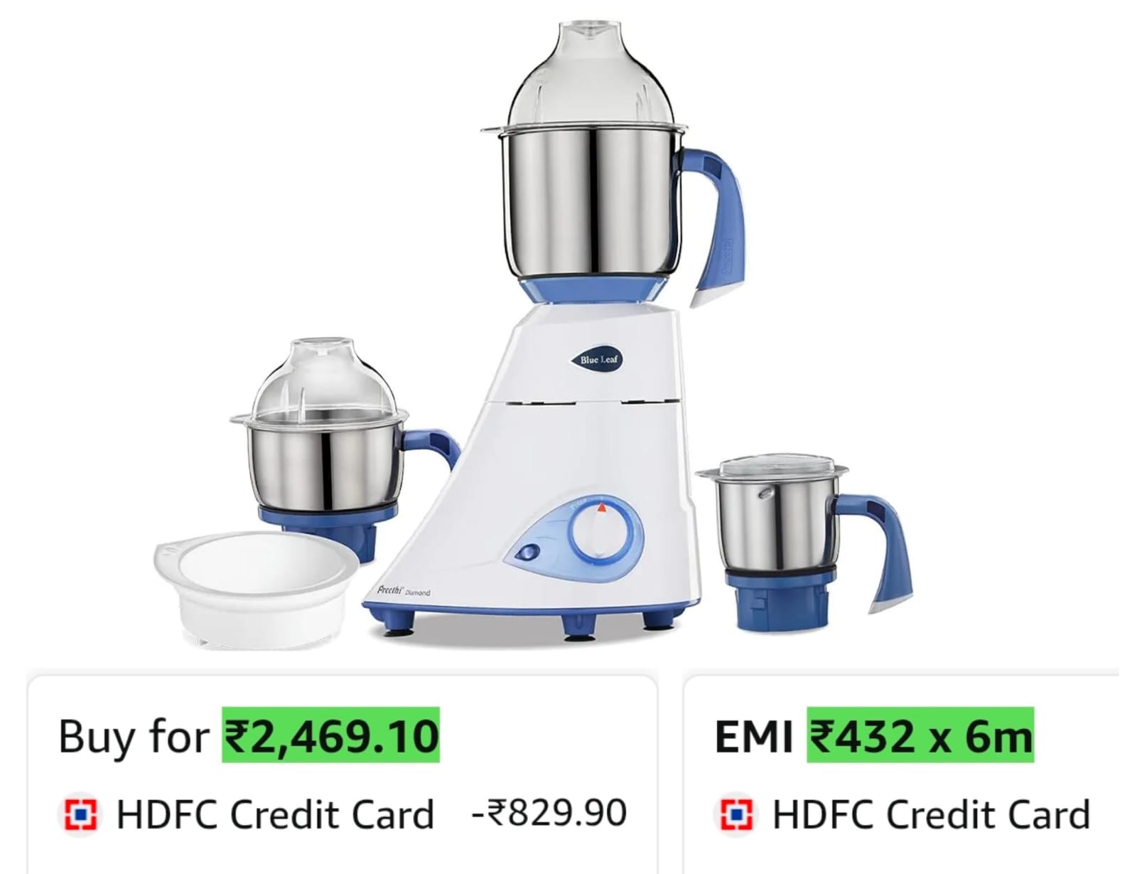 Preethi Diamond 750 Watts Mixer Grinder, 3 Jars + Flexi Lid on Amazon