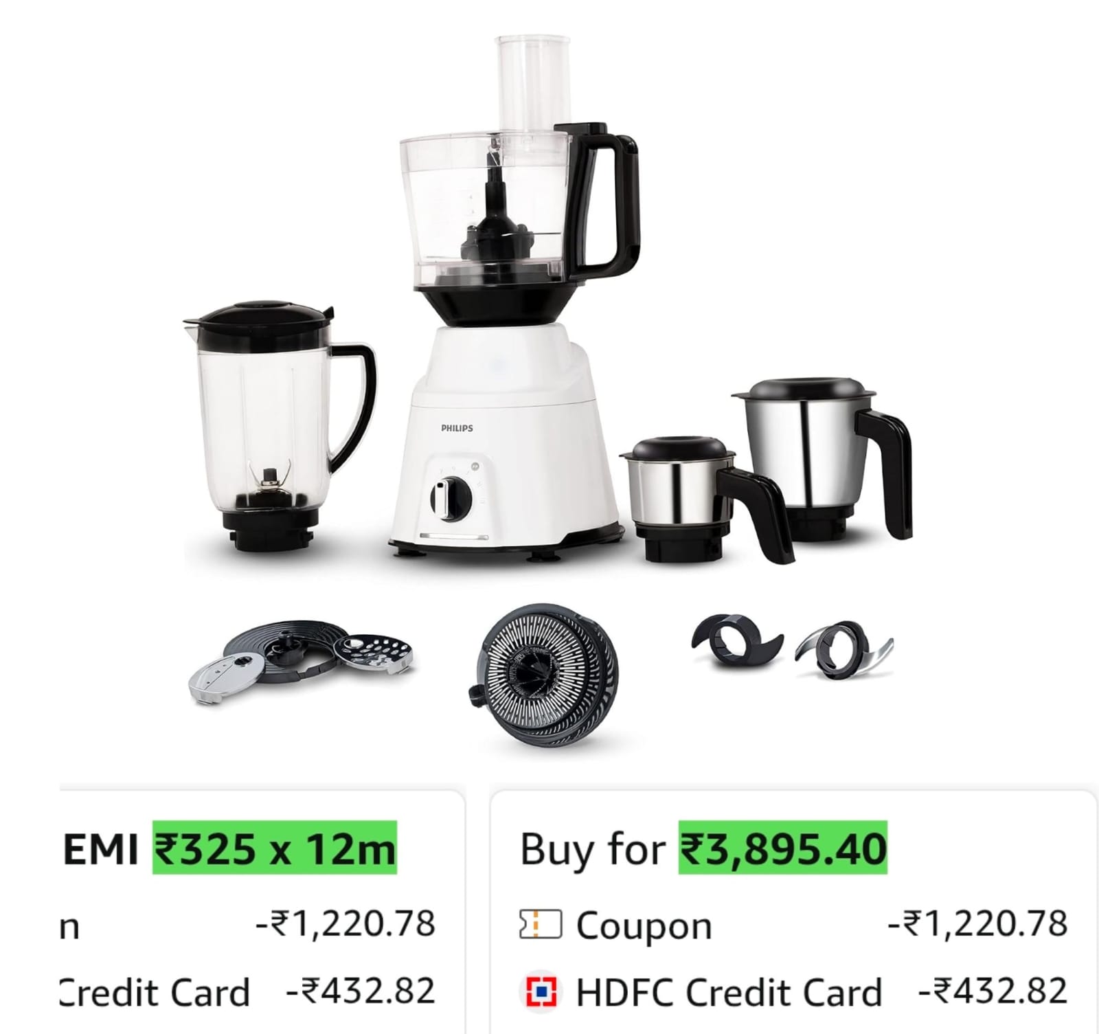 Philips Mixer Grinder 750 Watt, 3 in 1 4 Jar (HL7763/00),White on Amazon