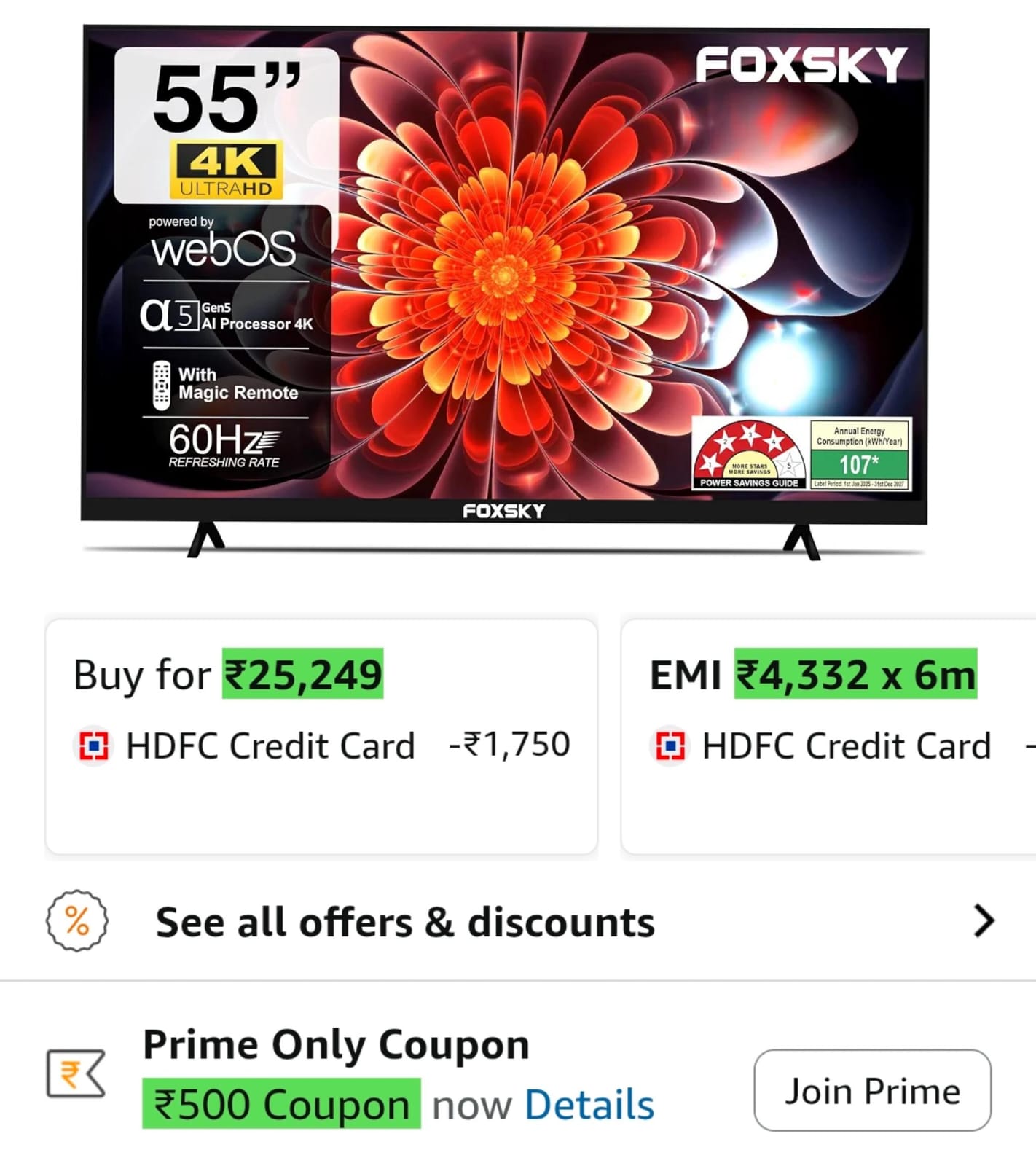 Foxsky cm 4K Ultra HD Smart 55'' LED TV 55FS-VS Black on Amazon