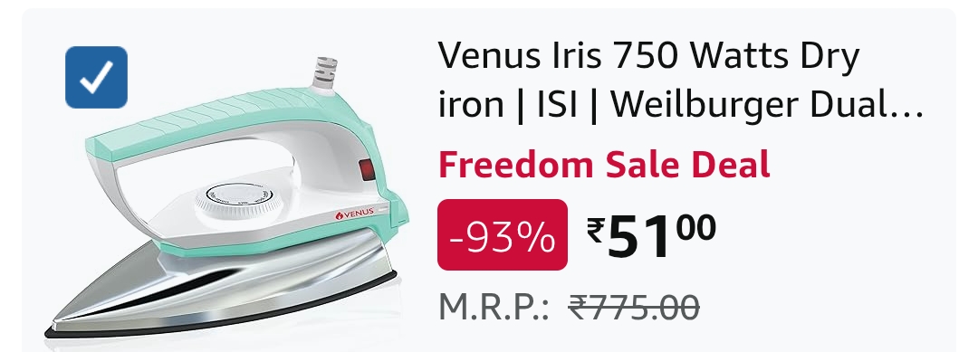 Venus Iris 750 Watts Dry iron, ISI, Weilburger Dual Coat Non-stick Soleplate on Amazon