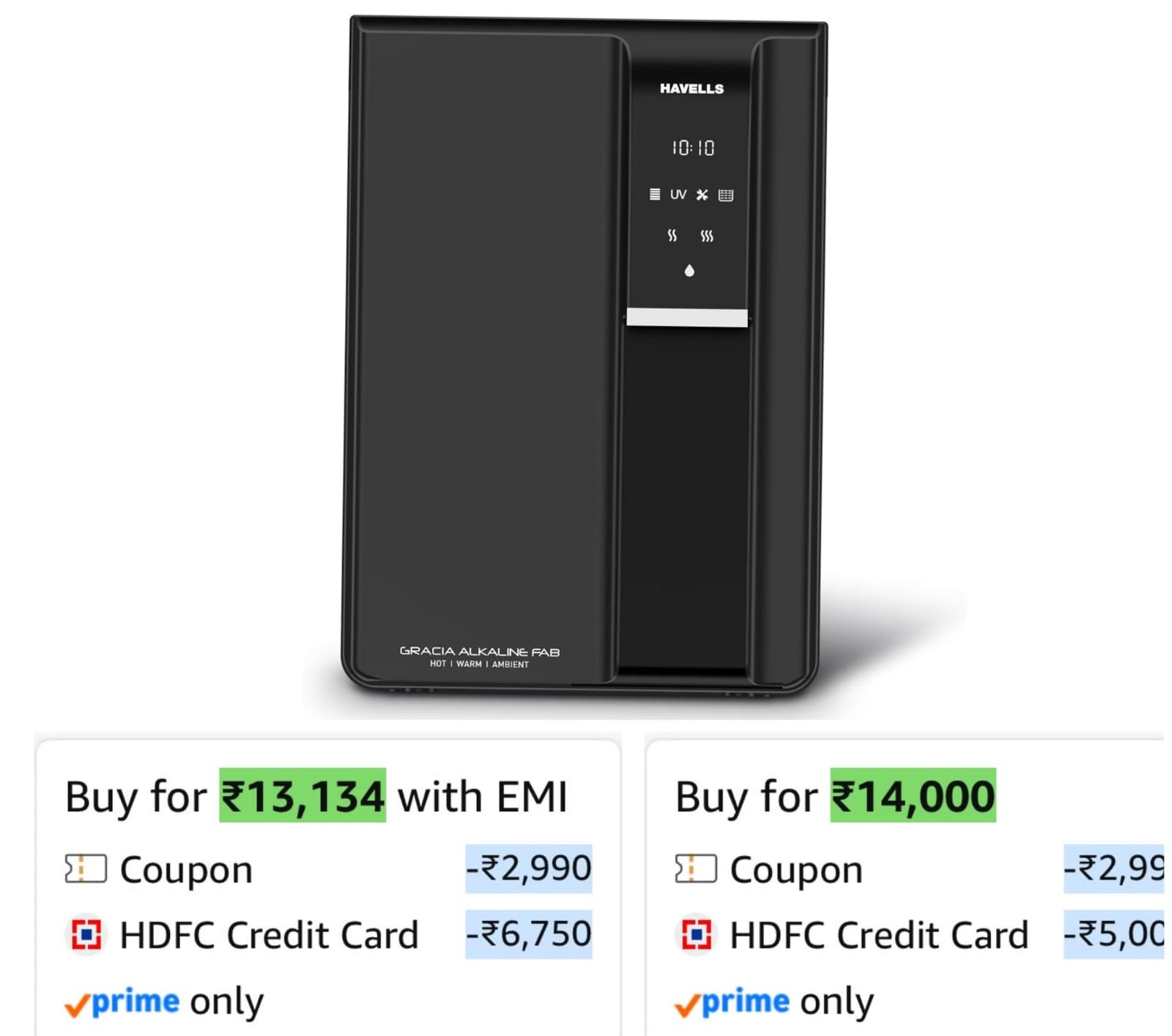 Havells Gracia FAB Alkaline Water Purifier, RO+UV+Alkaline, Hot