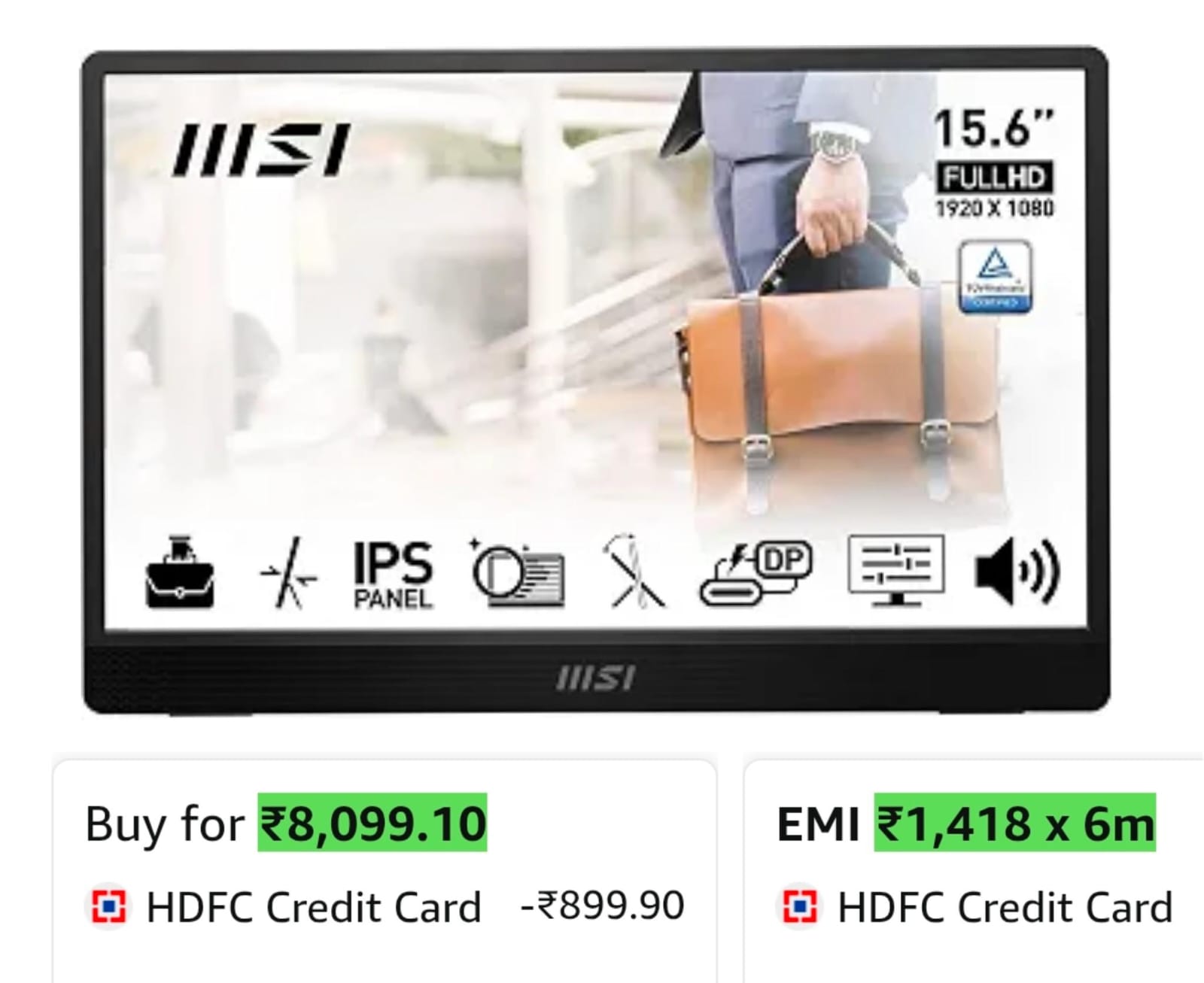 MSI PRO MP161 E2 15.6 inch FHD Portable Monitor, 1080p IPS 60Hz, Anti-Flicker on Amazon