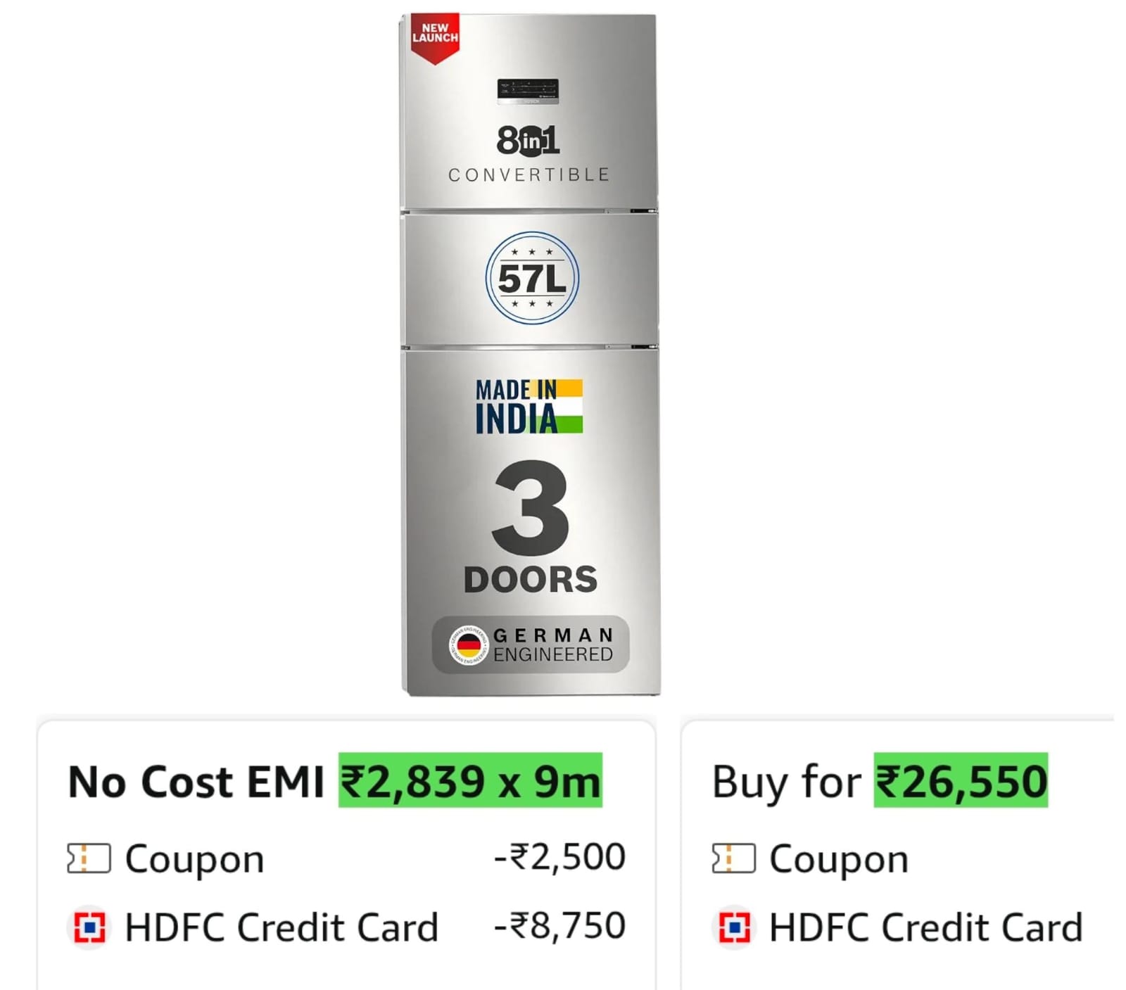 Bosch 302L, 3 Star, MaxFlex Convert Frost Free Triple Door Refrigerator on Amazon