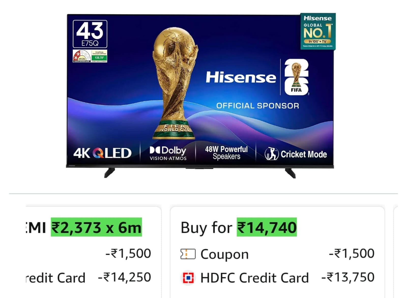 Hisense 108 cm 4K Ultra HD Smart QLED TV | 48W Powerful Speakers on Amazon