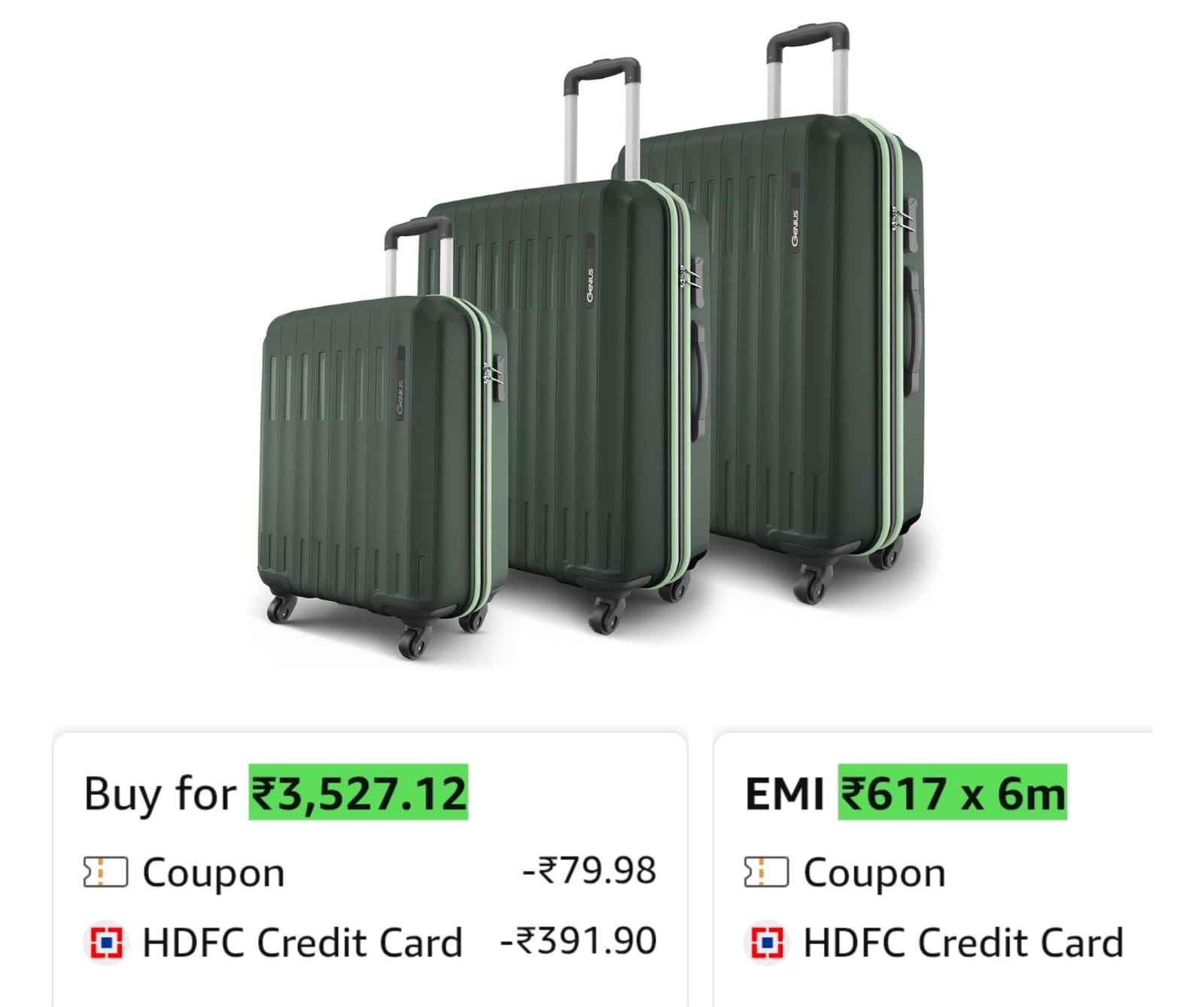 Safari Genius Alley Set of 3 (Cabin + Medium + Large) Trolley Bags Hard Case