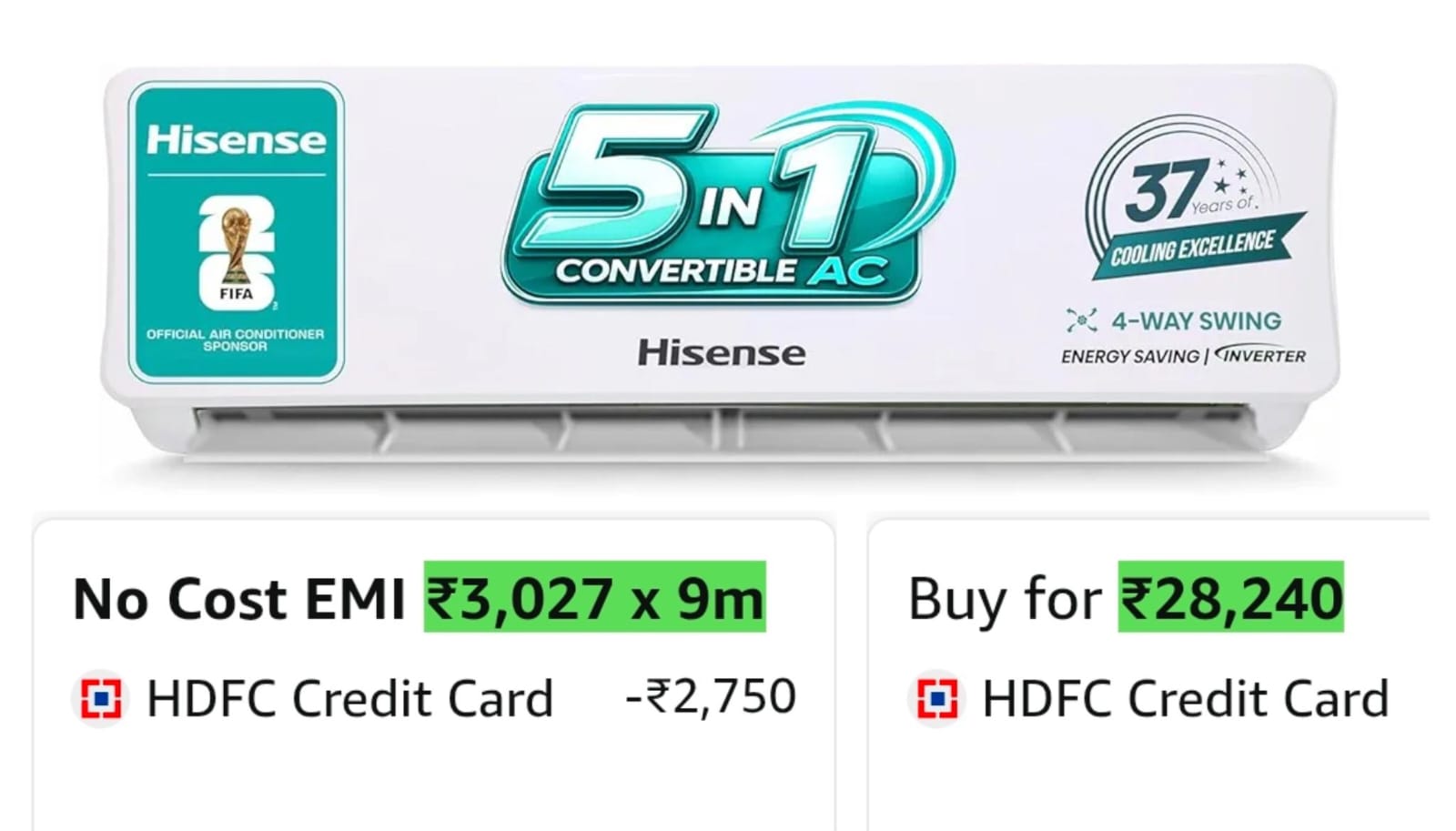Hisense 1.5 Ton 5 star Inverter Split AC(Copper, 5-in-1 Convertible with