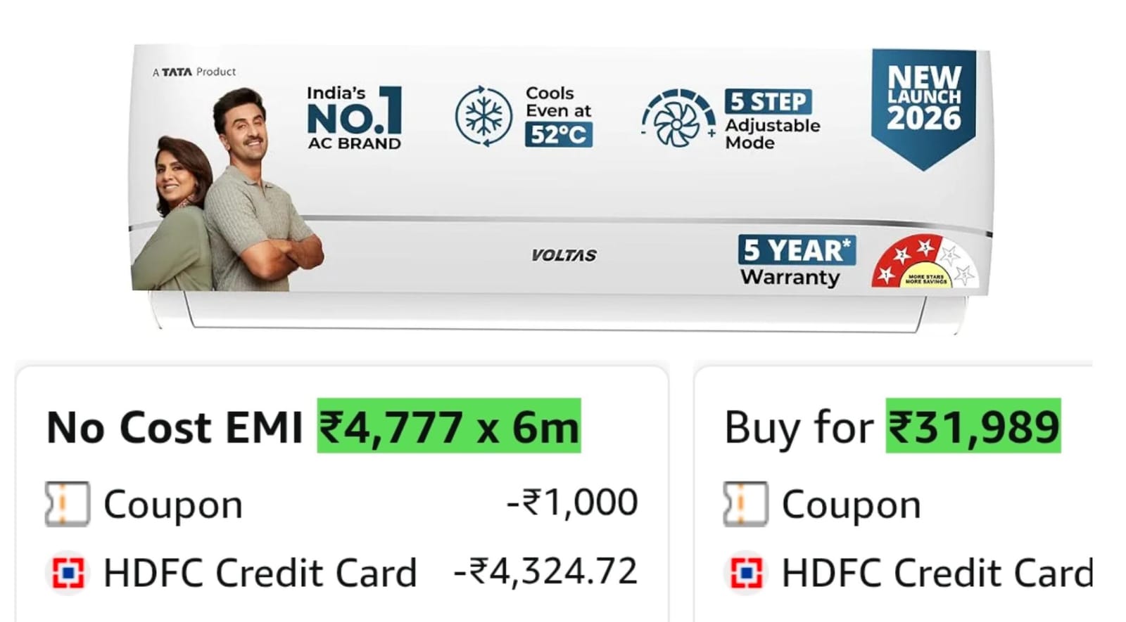 Voltas 1.5 ton 3 star,New star rated, Rating Inverter Split on Amazon