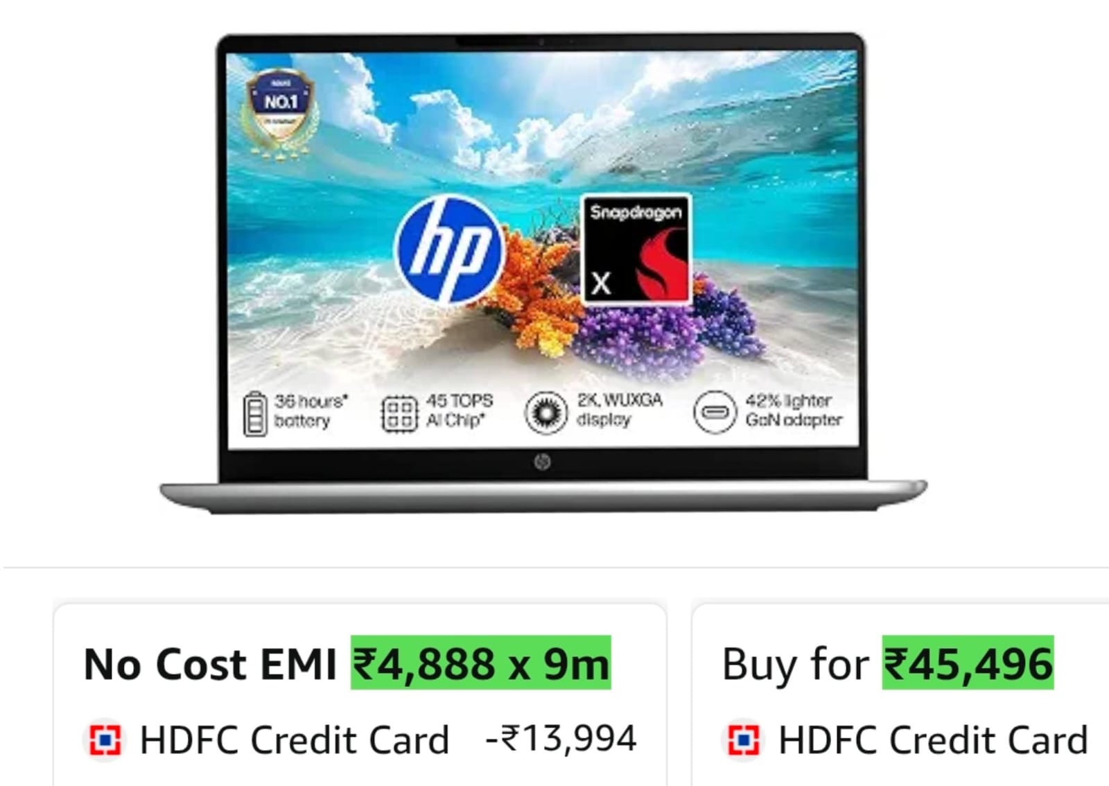 HP Omnibook 3, Snapdragon X Processor 45 TOPS (16GB LPDDR5x,512GB SSD) 2K WUXGA on Amazon