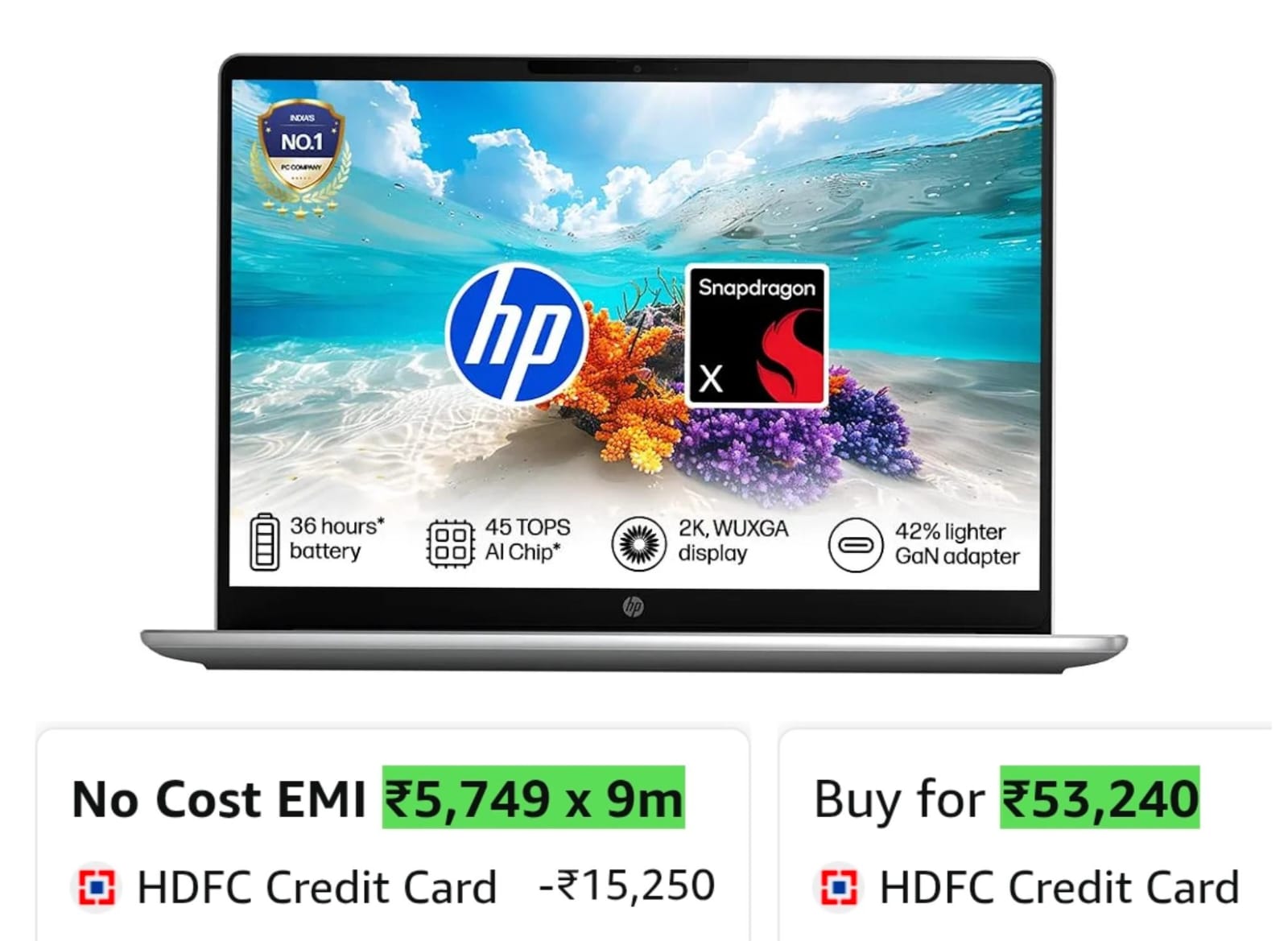 HP Omnibook 3, Snapdragon X Processor 45 TOPS (16GB LPDDR5x,512GB SSD) 2K WUXGA on Amazon