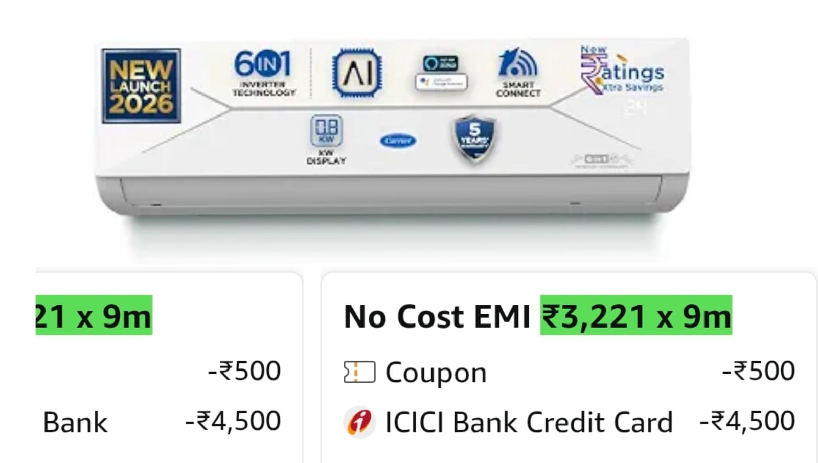 CARRIER 1.5 TON 3 STAR WI-FI INVERTER SPLIT AC @ 28,990/-
