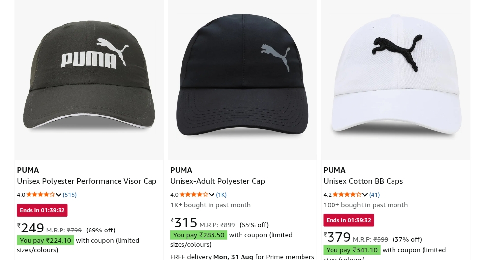 Puma Branded Caps Upto 70% Off on Amazon