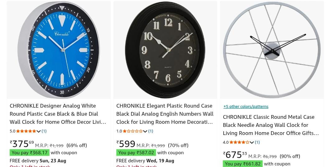 CHRONIKLE Designer Wall Clocks upto 68% off