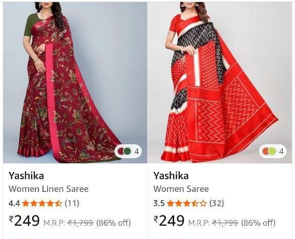 Yashika Women Saree upto 86% off starting From Rs.249/