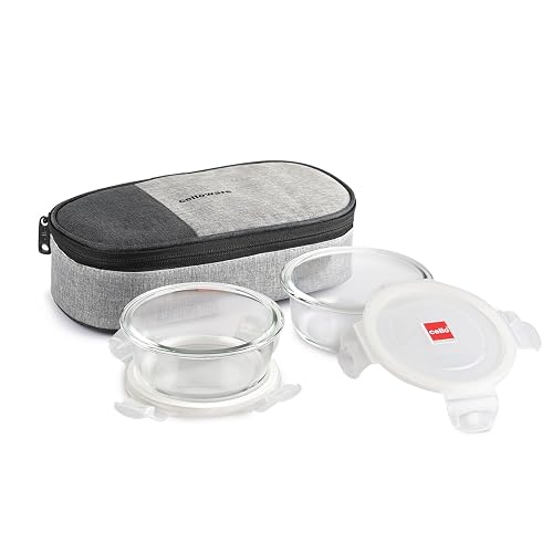 CELLO Delighta Round Borosilicate Glass Lunch Box with Jacket, 400ml, Set of 2 on Amazon