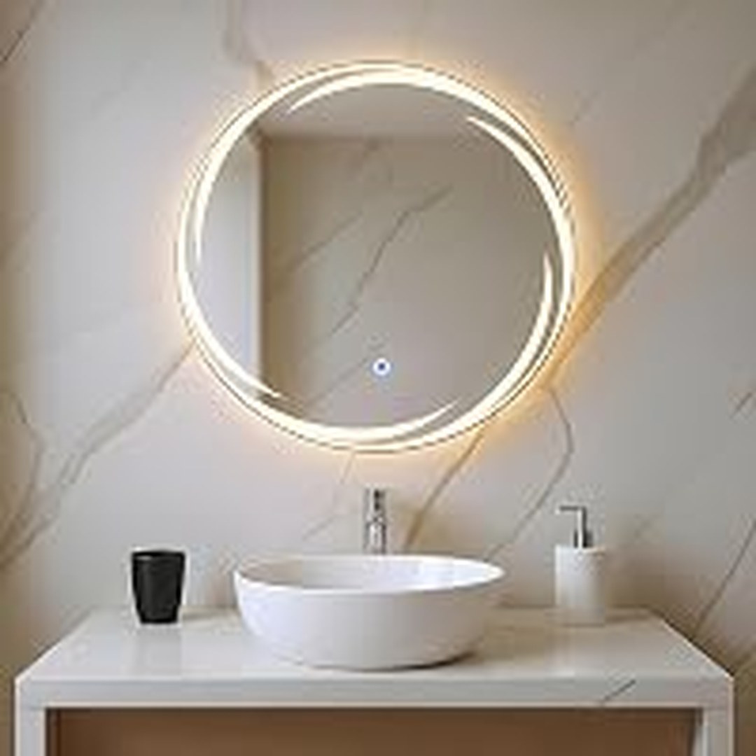 Amazon Basics Round Glass, 18 x 18 Inch Wall-Mounted LED Mirror with Smart